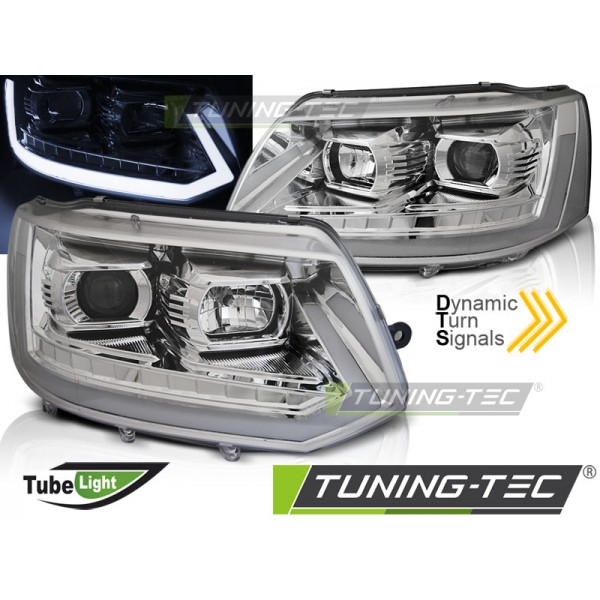 VW T5 10-15 - přední chrom světla TUBE LIGHT s dynamickým blinkrem T6 LOOK