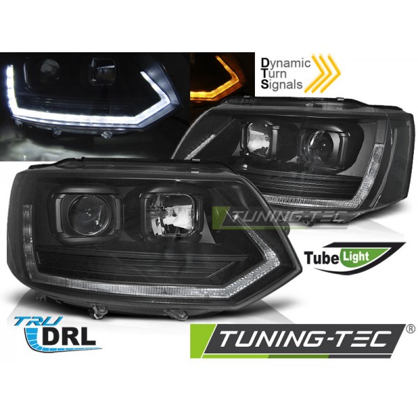 VW T5 10-15 - přední černá světla s LED denním svícením a dynamickým blinkrem T6 look