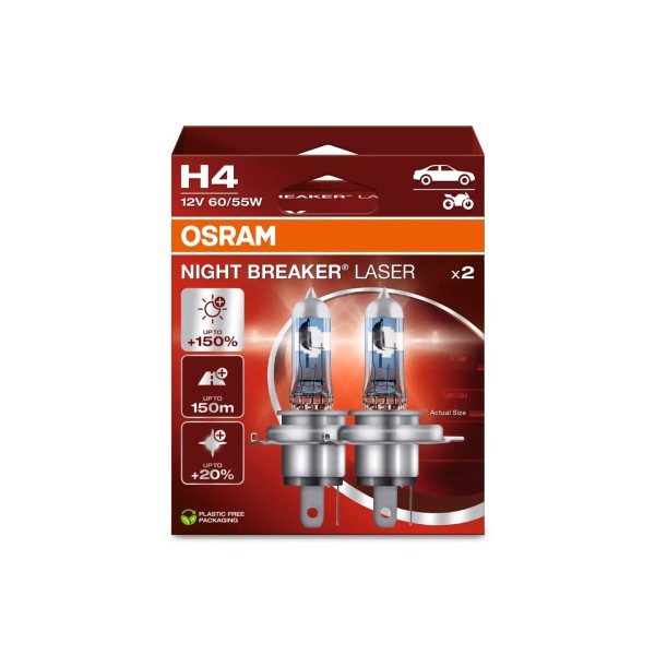 OSRAM NIGHT BREAKER LASER autožárovky H4 - o 150% více světla, 2 ks v balení