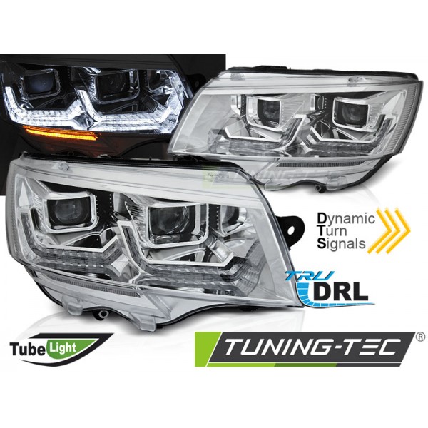 VW T6.1 20- - přední chrom světla TUBE LIGHT s LED denním svícením a dynamickým blinkrem