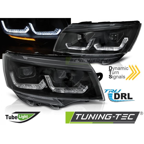VW T6.1 20- - přední černá světla TUBE LIGHT s LED denním svícením a dynamickým blinkrem
