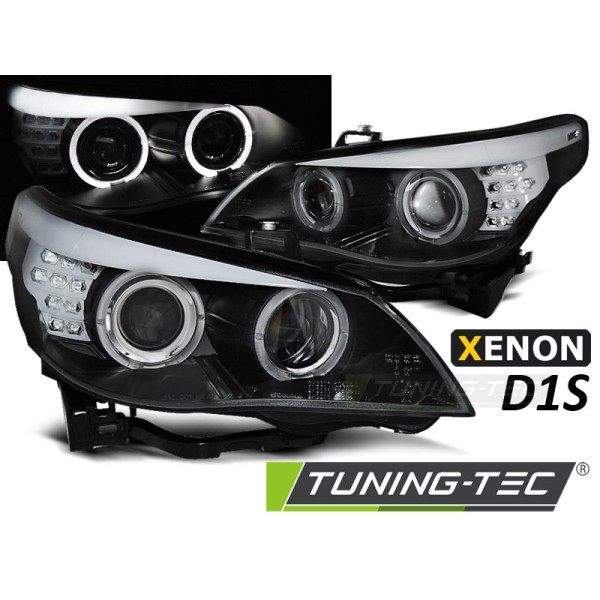 BMW E60/E61 2005-2007 - přední xenonová D1S světla s angel eyes ČERNÁ