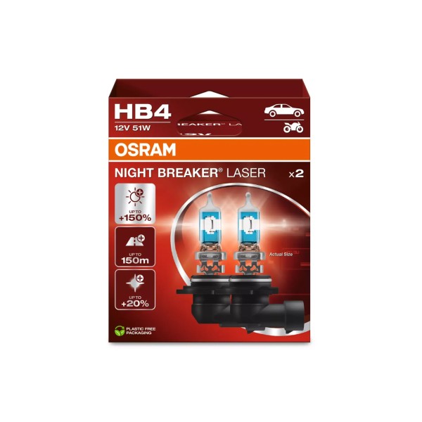 OSRAM NIGHT BREAKER LASER autožárovky HB4 - o 150% více světla, 2 ks v balení