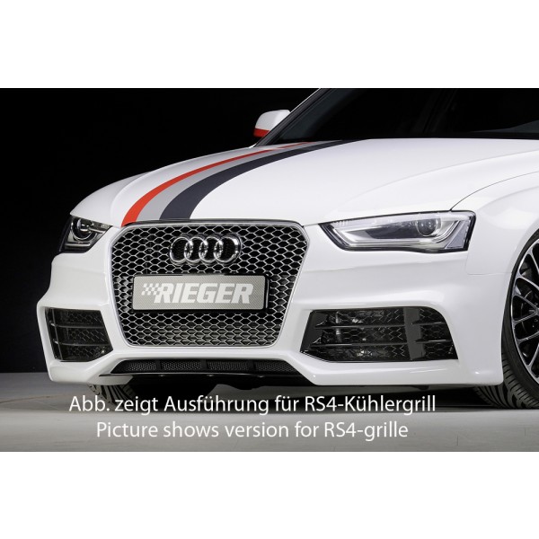 Rieger kompletní přední nárazník pro Audi A4 B8, B81 avant, sedan po faceliftu, plast ABS bez povrchové úpravy, pro masku A4/S4, pro vozy bez ostřikovačů světlometů a parkovacího asistenta (PDC)