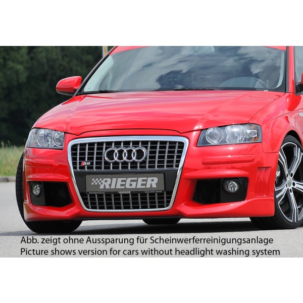 Rieger kompletní přední nárazník R-Frame pro Audi A3 8P 3-dvéř., 5-dvéř., Sportback, plast ABS bez povrchové úpravy, s držáky pro originální mlhová světla, s žebrováním, pro vozy s ostřikovači světlometů
