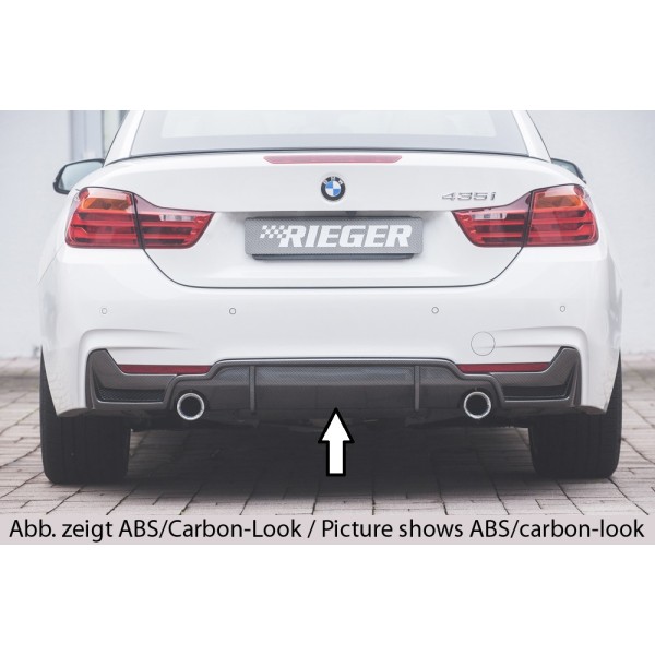Rieger vložka zadního nárazníku (pouze 435i) pro BMW řada 4 F32, F33, F36 coupe (3-dvéř.), gran coupe (5-dvéř.), kabriolet vč. faceliftu, plast ABS lakovaný do černé lesklé barvy, pro orig. koncovky na obou stranách (435i/440i look) vč. mřížky