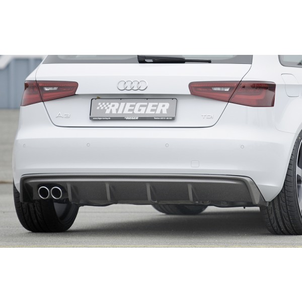 Rieger vložka zadního nárazníku pro Audi A3 8V 3-dvéř. (hatchback 8V1), 5-dvéř. (sportback 8VA) před faceliftem, plast ABS s povrchovou úpravou Carbon-Look, pro dvojitou koncovku vlevo