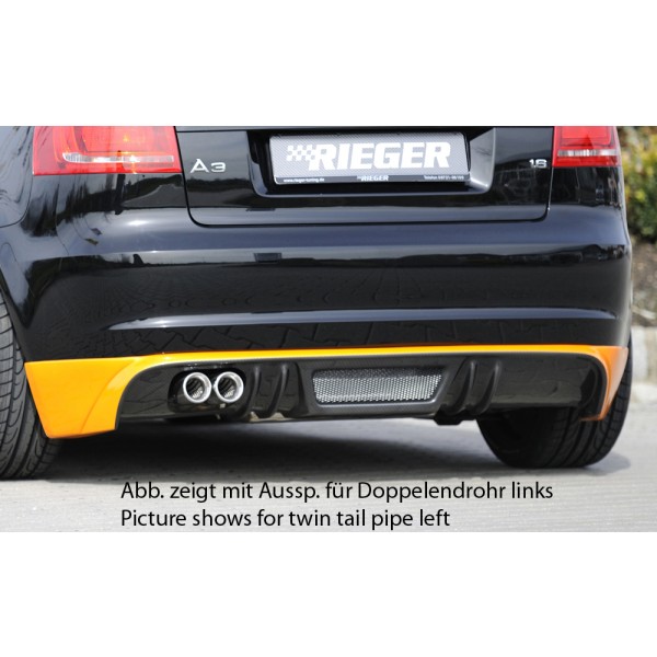 Rieger spoiler pod zadní nárazník pro Audi A3 8P 3-dvéř., kabriolet po faceliftu r.v. 07/08-, plast ABS s povrchovou úpravou Carbon-Look, pro dvojité koncovky na obou stranách
