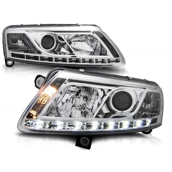 Audi A6 04-08 - přední chrom světla s LED denním svícením pro xenon