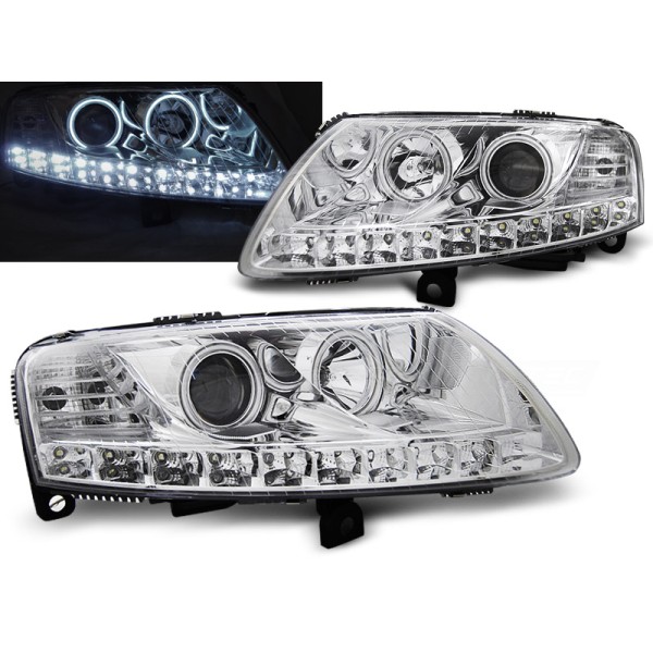 Audi A6 04-08 - přední chrom světla s LED svícením a CCFL ANGEL EYES
