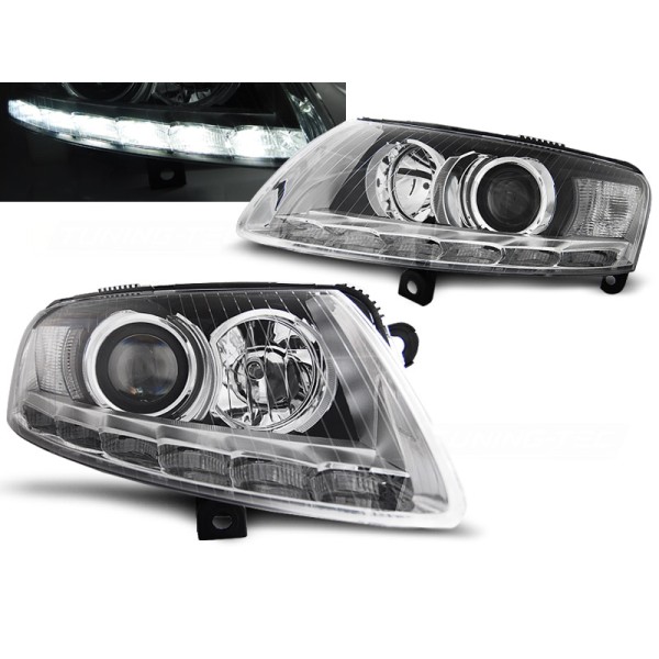 Audi A6 04-08 - přední chrom světla s LED denním svícením pro xenon
