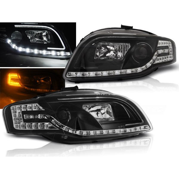 Audi A4 04-09 - přední černá světla s LED svícením TUBE LIGHTS a LED blinkrem
