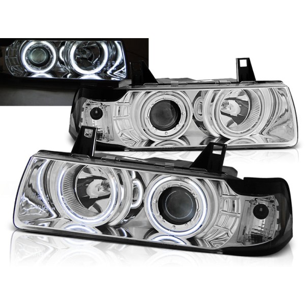 BMW E36 90-99 SEDAN, KOMBI, COMPACT - přední chrom světla s ANGEL EYES CCFL