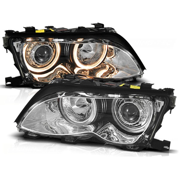 BMW E46 01-05 SEDAN, KOMBI - přední chrom světla s ANGEL EYES