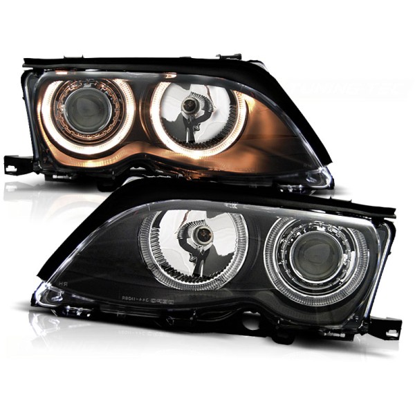 BMW E46 01-05 SEDAN, KOMBI - přední černá světla s ANGEL EYES