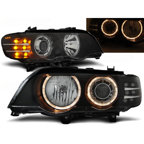 BMW X5 E53 99-03 - přední černá světla ANGEL EYES a LED blinkrem pro xenon