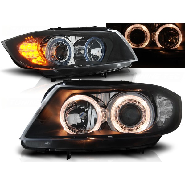 BMW E90/E91 05-08 - přední černá světla s ANGEL EYES s LED blikačem
