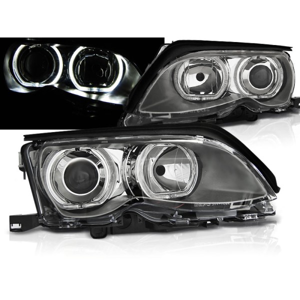 BMW E46 01-05 SEDAN, KOMBI - přední chrom světla s ANGEL EYES LED