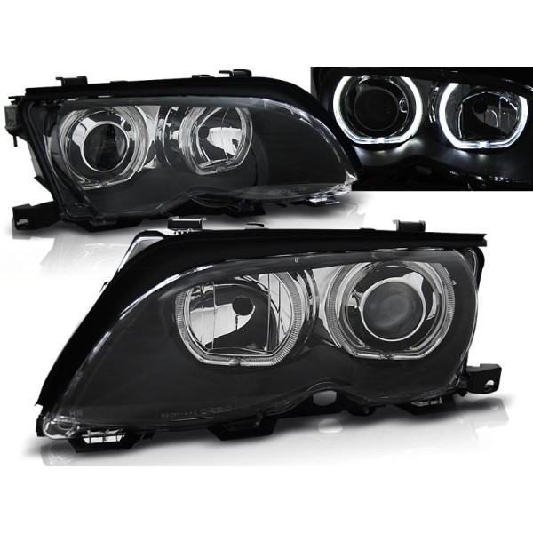 BMW E46 01-05 SEDAN, KOMBI - přední černá světla s ANGEL EYES