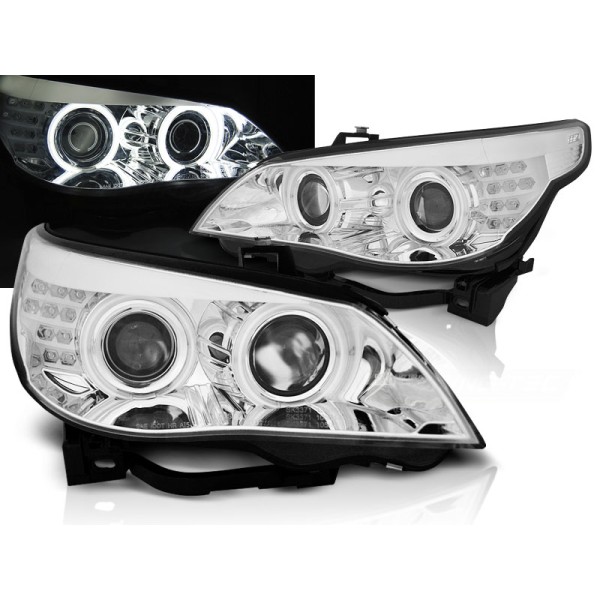 BMW E60/E61 03-07 - přední chrom světla s ANGEL EYES CCFL a LED blinkrem