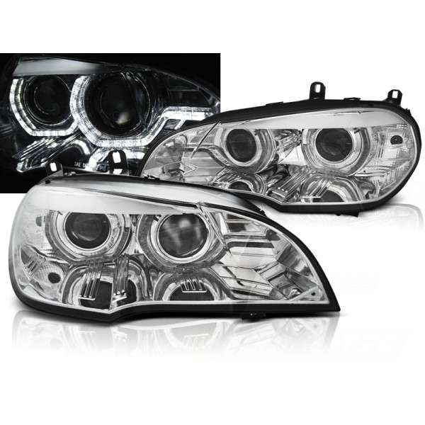 BMW X5 E70 07-10 - přední chrom světla AFS ANGEL EYES a denním svícením pro xenon