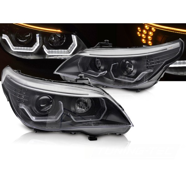 BMW E60/E61 03-07 - přední černá světla s ANGEL EYES 3D s LED blikačem