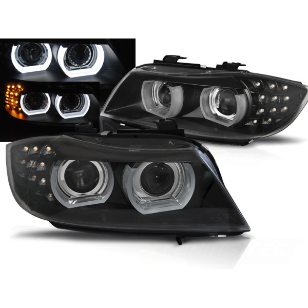 BMW E90/E91 09-11 - přední černá světla s ANGEL EYES 3D s LED blikačem pro xenon
