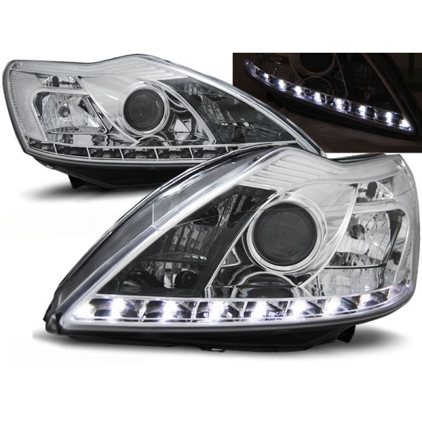 FORD FOCUS 08-10 - přední chrom světla s LED svícením