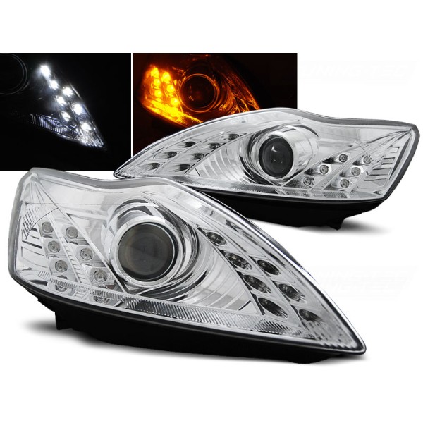 FORD FOCUS 08-10 - přední chrom světla s LED svícením a LED blinkrem