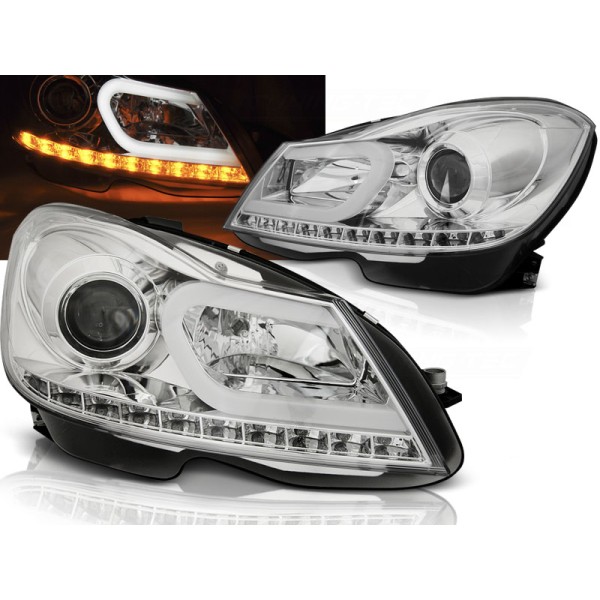 MERCEDES W204 11-14 - přední chrom světla TUBE LIGHT s LED blinkrem
