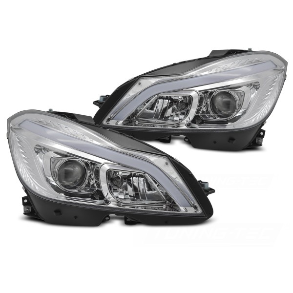 Mercedes W204 2011-2014 - Přední světla TUBE LED chromová SEQ DRL