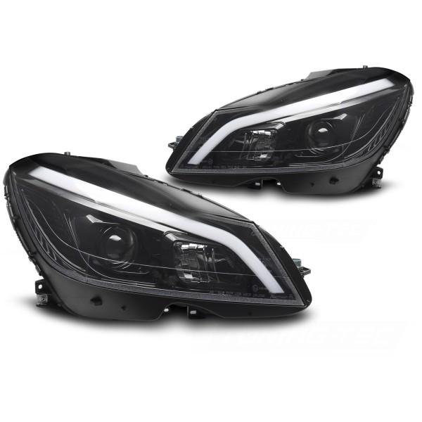 Mercedes W204 2011-2014 - Přední světla TUBE LED černá lesklá SEQ DRL