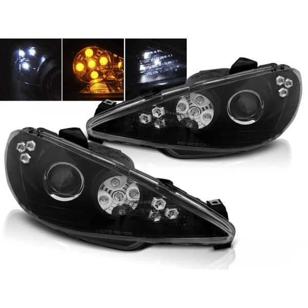 PEUGEOT 206 02-  - přední černá světla ANGEL EYES a LED blinkrem