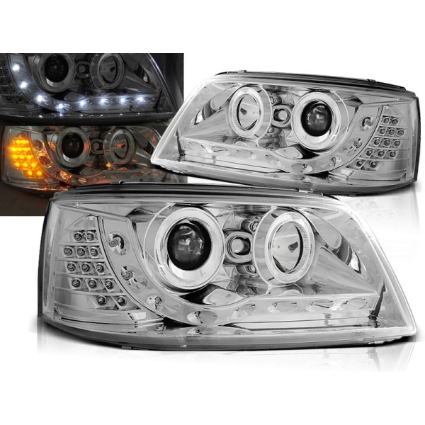 VW T5 03-09 - přední chrom světla s LED svícením a LED blinkrem