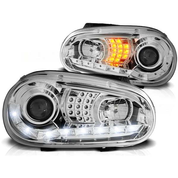 VW GOLF 4 97-03 - přední chrom světla s LED svícením a LED blinkrem