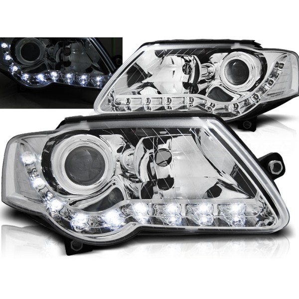 VW PASSAT B6 3C 05-10 - přední chrom světla s LED svícením