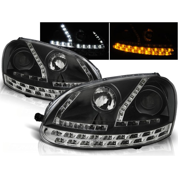 VW GOLF 5 - přední černá světla s LED svícením  a LED blinkrem
