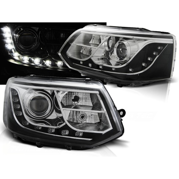 VW T5 10-15 - přední chrom světla s LED denním svícením