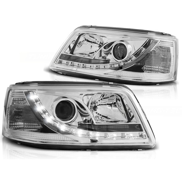 VW T5 03-09 - přední chrom světla s LED denním svícením