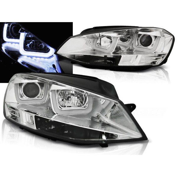 VW GOLF 7 12-17 - přední chrom světla s LED denním svícením  U-TYPE