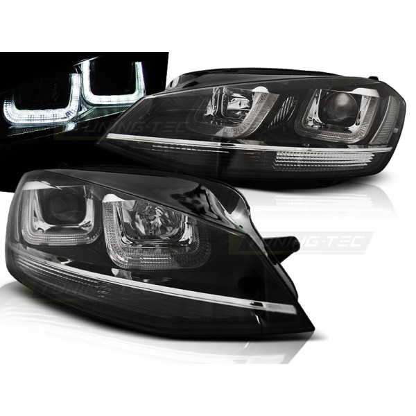 VW GOLF 7 12-17 - přední černá světla s LED denním svícením U-TYPE a chrom linkou