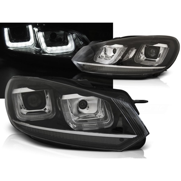 VW GOLF 6 08-12 - přední černá světla s LED denním svícením  U-TYPE a chrom linkou