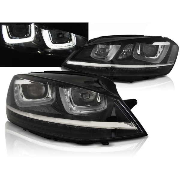 VW GOLF 7 12-17 - přední černá světla s LED denním svícením U-TYPE a dynamickým blinkrem a chrom linkou