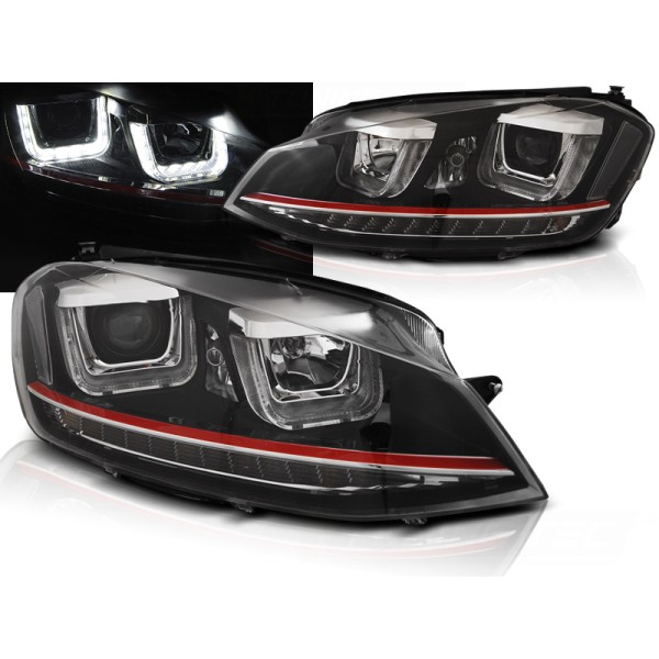 VW GOLF 7 12-17 - přední černá světla s LED denním svícením U-TYPE a dynamickým blinkrem a červenou linkou