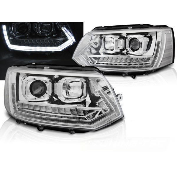 VW T5 10-15 - přední chrom světla s LED denním svícením a dynamickým blinkrem T6 look