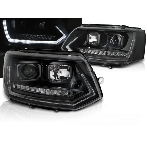 VW T5 10-15 - přední černá světla s LED denním svícením a dynamickým blinkrem T6 look