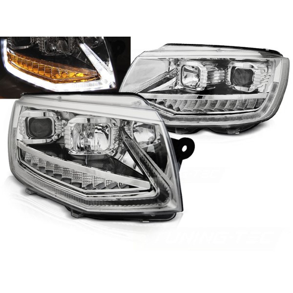 VW T6 15- - přední chrom světla TUBE LIGHT s LED denním svícením a dynamickým blinkrem