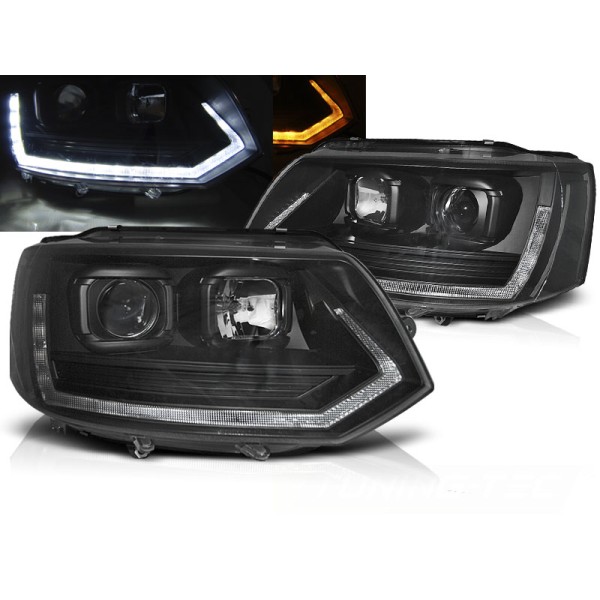 VW T5 10-15 - přední černá světla s LED denním svícením a dynamickým blinkrem T6 look
