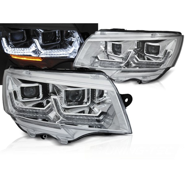 VW T6.1 20- - přední chrom světla TUBE LIGHT s LED denním svícením a dynamickým blinkrem