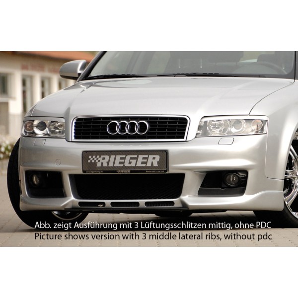 Rieger kompletní přední nárazník new Design pro Audi A4 8E avant, sedan, plast ABS bez povrchové úpravy, bez žebrování, pro vozy s parkovacím asistentem (PDC) a ostřikovači světlometů